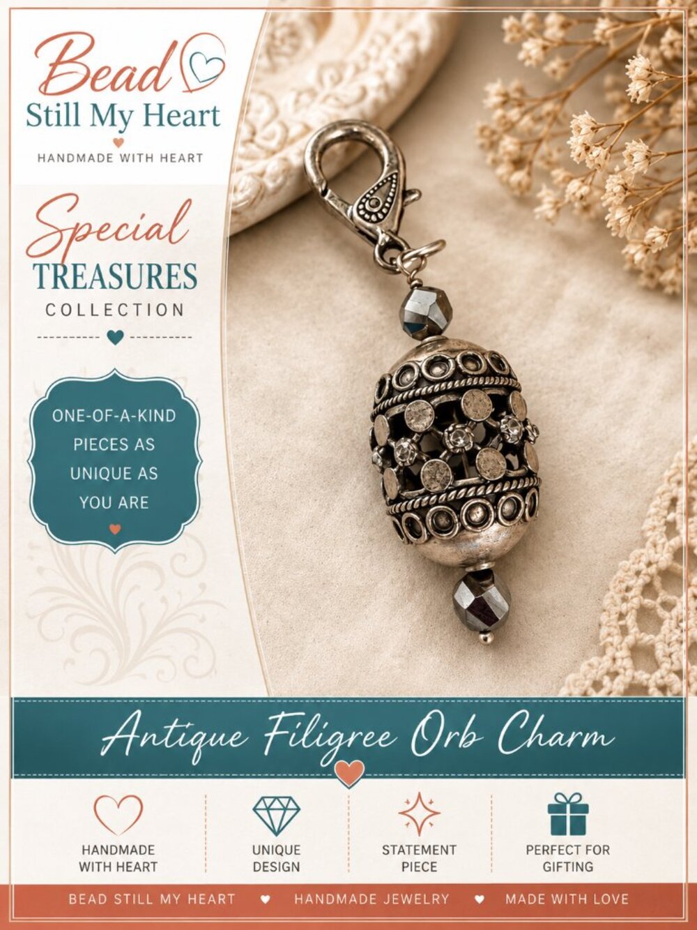 Antique Filigree Orb Handmade Bag Charm | Special Treasures